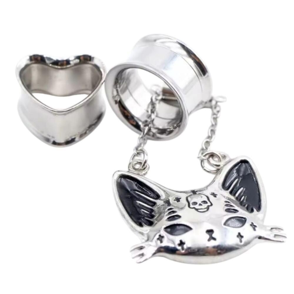 0 Gauge (8mm) magnetic gothic kitty tunnel plug earrings